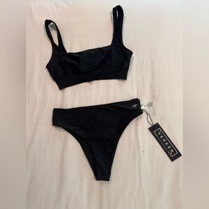 NEW with Tags Vekker LA Black Pole Swim Bikini Tie Square Neck Top and Bottoms